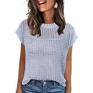 imageANRABESS Womens Tops 2026 Trendy Summer Shirts Crochet Cap Sleeve Knitted Sweater Beach Vacation Clothes Fall Fashion OutfitsSky
