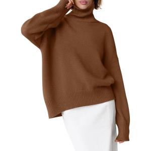 imageANRABESS Womens Turtleneck Sweaters Oversized Chunky Long Sleeve Knit High Low Hem Pullover Top 2026 Fall Winter FashionDeep Caramel