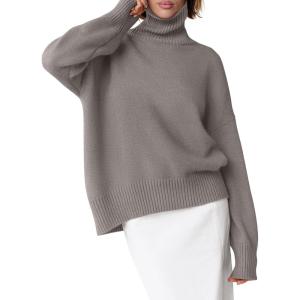 imageANRABESS Womens Turtleneck Sweaters Oversized Chunky Long Sleeve Knit High Low Hem Pullover Top 2026 Fall Winter FashionGrey Khaki