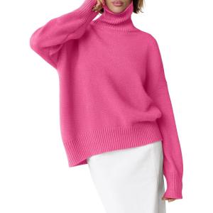 imageANRABESS Womens Turtleneck Sweaters Oversized Chunky Long Sleeve Knit High Low Hem Pullover Top 2026 Fall Winter FashionHot Pink