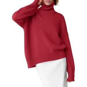 imageANRABESS Womens Turtleneck Sweaters Oversized Chunky Long Sleeve Knit High Low Hem Pullover Top 2026 Fall Winter FashionRed