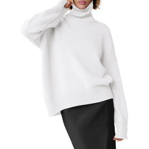 imageANRABESS Womens Turtleneck Sweaters Oversized Chunky Long Sleeve Knit High Low Hem Pullover Top 2026 Fall Winter FashionWhite