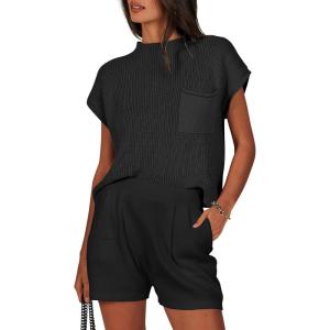 imageANRABESS Womens Two Piece Summer Outfits Knit Sweater Short Sets Pullover Tops amp Shorts Lounge Matching Clothes SetBlack