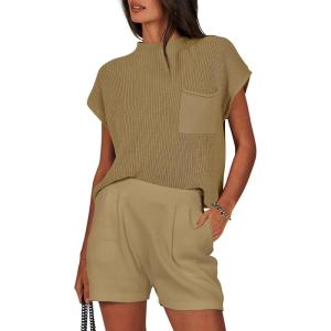 imageANRABESS Womens Two Piece Summer Outfits Knit Sweater Short Sets Pullover Tops amp Shorts Lounge Matching Clothes SetBrown