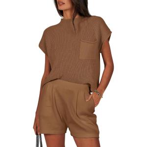 imageANRABESS Womens Two Piece Summer Outfits Knit Sweater Short Sets Pullover Tops amp Shorts Lounge Matching Clothes SetDeep Brown