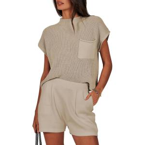 imageANRABESS Womens Two Piece Summer Outfits Knit Sweater Short Sets Pullover Tops amp Shorts Lounge Matching Clothes SetKhaki