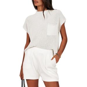 imageANRABESS Womens Two Piece Summer Outfits Knit Sweater Short Sets Pullover Tops amp Shorts Lounge Matching Clothes SetWhite