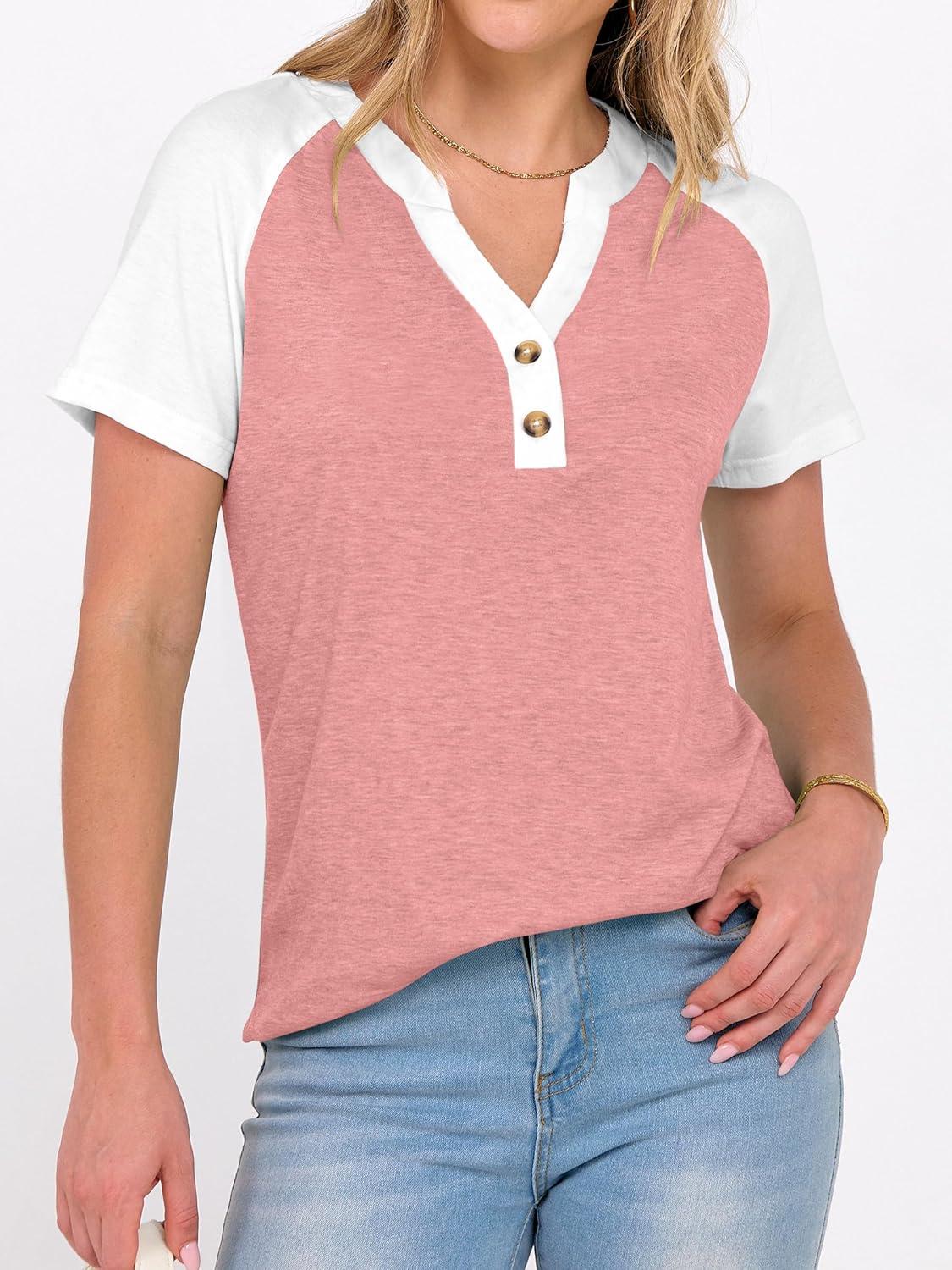 imageANRABESS Womens Tops Short Sleeve Henley Shirts Summer V Neck Color Block Tunic T Shirts Casual Blouses Work Trendy ClothesCoral