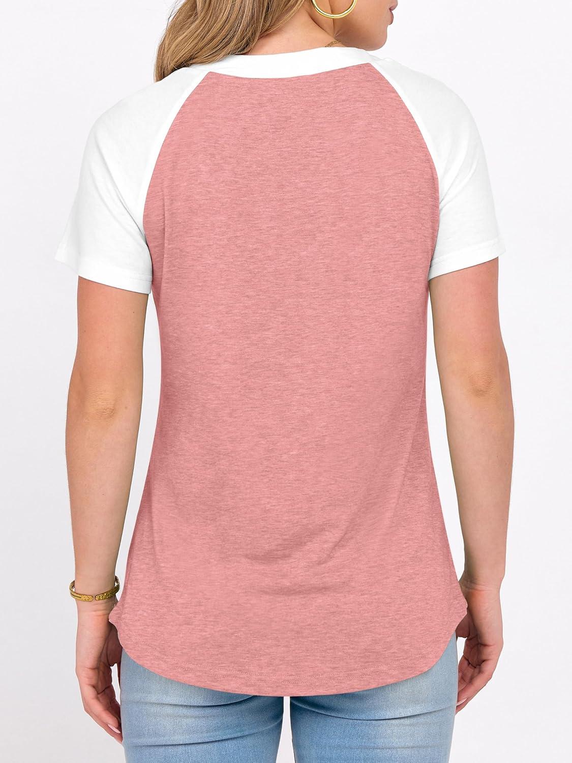 imageANRABESS Womens Tops Short Sleeve Henley Shirts Summer V Neck Color Block Tunic T Shirts Casual Blouses Work Trendy ClothesCoral