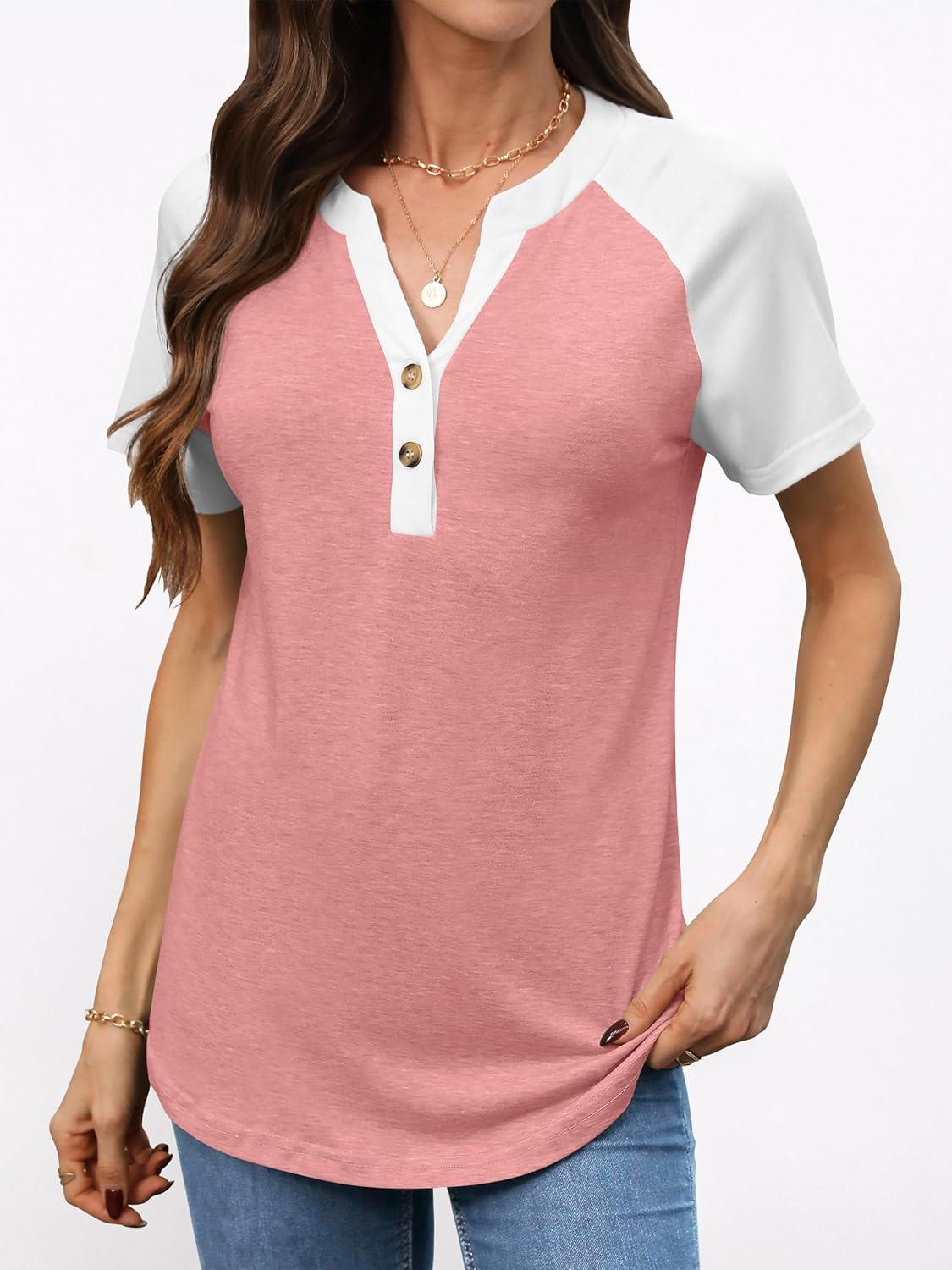 imageANRABESS Womens Tops Short Sleeve Henley Shirts Summer V Neck Color Block Tunic T Shirts Casual Blouses Work Trendy ClothesCoral