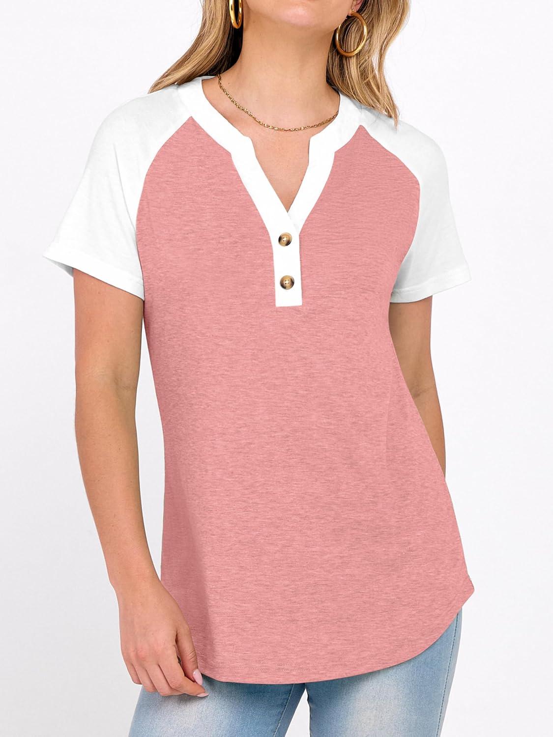 imageANRABESS Womens Tops Short Sleeve Henley Shirts Summer V Neck Color Block Tunic T Shirts Casual Blouses Work Trendy ClothesCoral