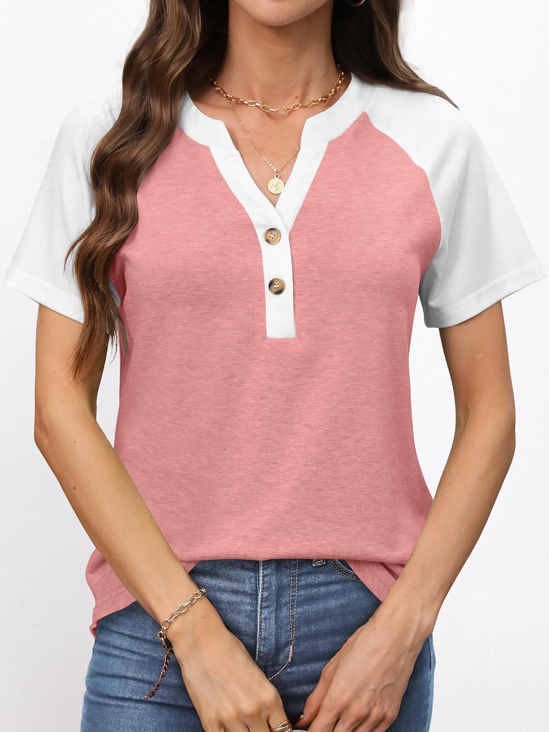 imageANRABESS Womens Tops Short Sleeve Henley Shirts Summer V Neck Color Block Tunic T Shirts Casual Blouses Work Trendy ClothesCoral