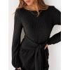 imageANRABESS Womens 2026 Fall Dress Long Lantern Sleeve Ribbed Knit Casual Tie Waist Lightweight Mini Sweater DressBlack
