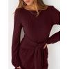 imageANRABESS Womens 2026 Fall Dress Long Lantern Sleeve Ribbed Knit Casual Tie Waist Lightweight Mini Sweater DressDark Burgundy