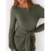 imageANRABESS Womens 2026 Fall Dress Long Lantern Sleeve Ribbed Knit Casual Tie Waist Lightweight Mini Sweater DressDeep Green