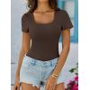 imageANRABESS Womens Short Sleeve Tops Built in Bra Summer T Shirts Scoop Neck Ribbed Knit Fitted Basic Tee Casual Going Out TopBrown