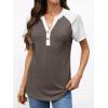 imageANRABESS Womens Tops Short Sleeve Henley Shirts Summer V Neck Color Block Tunic T Shirts Casual Blouses Work Trendy ClothesBrown