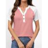 imageANRABESS Womens Tops Short Sleeve Henley Shirts Summer V Neck Color Block Tunic T Shirts Casual Blouses Work Trendy ClothesCoral