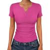 imageANRABESS Women Short Sleeve Tops V Neck Rib Knit Slim Fit Shirts Basic Tee 2026 Summer Casual TShirt Outfits ClothesHot Pink