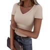 imageANRABESS Women Short Sleeve V Neck Ribbed Knit Fitted Shirts Basic Tees Tops 2026 Summer Casual TShirts Going Out OutfitsBeige