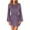 imageANRABESS Womens 2026 Fall Dress Long Lantern Sleeve Ribbed Knit Casual Tie Waist Lightweight Mini Sweater DressPurple