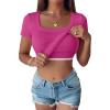 imageANRABESS Womens Short Sleeve Tops Built in Bra Summer T Shirts Scoop Neck Ribbed Knit Fitted Basic Tee Casual Going Out TopHot Pink