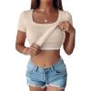imageANRABESS Womens Short Sleeve Tops Built in Bra Summer T Shirts Scoop Neck Ribbed Knit Fitted Basic Tee Casual Going Out TopOatmeal