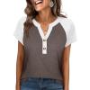 imageANRABESS Womens Tops Short Sleeve Henley Shirts Summer V Neck Color Block Tunic T Shirts Casual Blouses Work Trendy ClothesBrown