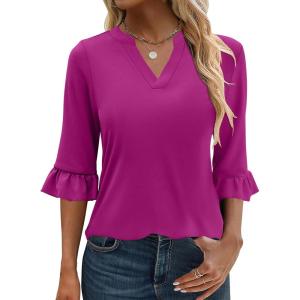 imageANRABESS Blouses for Women Dressy Casual 34 Sleeve V Neck Shirts Business Work Tunic Tops 2026 Fall Outfits ClothesHot Pink