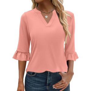 imageANRABESS Blouses for Women Dressy Casual 34 Sleeve V Neck Shirts Business Work Tunic Tops 2026 Fall Outfits ClothesOrange Pink