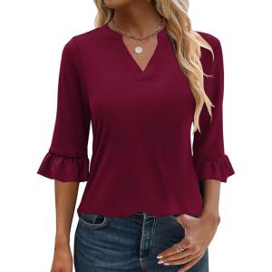 imageANRABESS Blouses for Women Dressy Casual 34 Sleeve V Neck Shirts Business Work Tunic Tops 2026 Fall Outfits ClothesWine Red