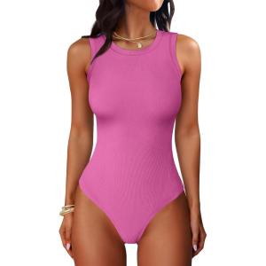 imageANRABESS Bodysuits for Women Summer Ribbed Knit Sleeveless Tank Tops Sexy Slim Fitted Bodysuit Top 2026 Trendy OutfitsHot Pink