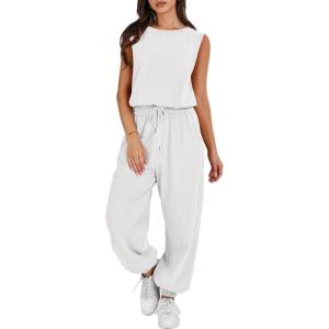 imageANRABESS Jumpsuits for Women Casual Summer Sleeveless 2026 Romper One Piece Outfit Active Workout Lounge Jumpsuits PocketsWhite