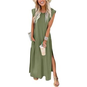 imageANRABESS Summer Dress for Women 2026 Maxi Sundresses Casual Cap Sleeve Crew Neck Loose Split Beach Travel Vacation OutfitsArmy Green