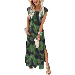 imageANRABESS Summer Dress for Women 2026 Maxi Sundresses Casual Cap Sleeve Crew Neck Loose Split Beach Travel Vacation OutfitsNavy Green Leaves