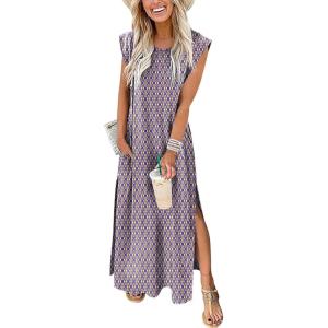 imageANRABESS Summer Dress for Women 2026 Maxi Sundresses Casual Cap Sleeve Crew Neck Loose Split Beach Travel Vacation OutfitsOrange Rhombus