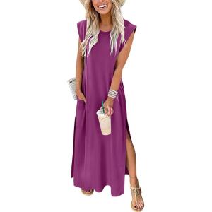 imageANRABESS Summer Dress for Women 2026 Maxi Sundresses Casual Cap Sleeve Crew Neck Loose Split Beach Travel Vacation OutfitsPurple Red