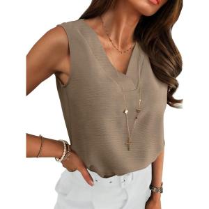 imageANRABESS Tank Top for Women Dressy Casual Business Work Blouses Sleeveless V Neck Textured Tops 2026 Spring Summer OutfitsKhaki