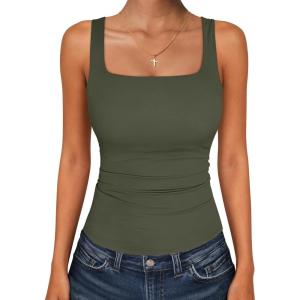 imageANRABESS Tank Top for Women Summer 2026 Double Lined Sleeveless Square Neck Basic Tight Workout Tees ShirtsArmy Green