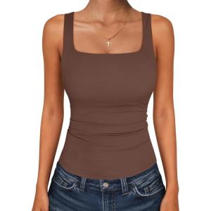 imageANRABESS Tank Top for Women Summer 2026 Double Lined Sleeveless Square Neck Basic Tight Workout Tees ShirtsBrown