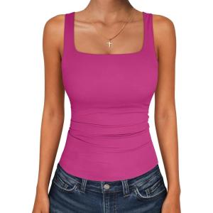 imageANRABESS Tank Top for Women Summer 2026 Double Lined Sleeveless Square Neck Basic Tight Workout Tees ShirtsHot Pink