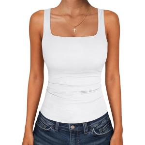 imageANRABESS Tank Top for Women Summer 2026 Double Lined Sleeveless Square Neck Basic Tight Workout Tees ShirtsWhite