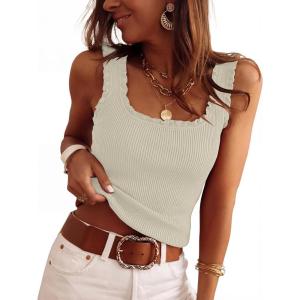 imageANRABESS Tank Tops for Women Summer 2026 Square Neck Ruffle Straps Ribbed Knit Slim Fit Casual Cute Sleeveless Sweater TankBeige