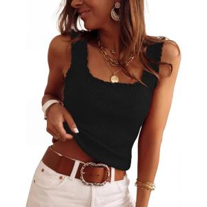 imageANRABESS Tank Tops for Women Summer 2026 Square Neck Ruffle Straps Ribbed Knit Slim Fit Casual Cute Sleeveless Sweater TankBlack