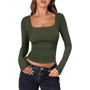 imageANRABESS Women Double Lined Long Sleeve Crop Tops Shirts Square Neck Tight Fitted Going Out TShirt Basic Tee Outfits 2026Army Green