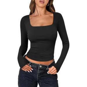 imageANRABESS Women Double Lined Long Sleeve Crop Tops Shirts Square Neck Tight Fitted Going Out TShirt Basic Tee Outfits 2026Black
