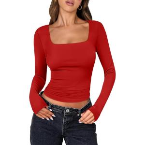 imageANRABESS Women Double Lined Long Sleeve Crop Tops Shirts Square Neck Tight Fitted Going Out TShirt Basic Tee Outfits 2026Bright Red