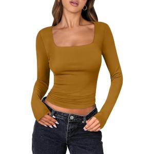 imageANRABESS Women Double Lined Long Sleeve Crop Tops Shirts Square Neck Tight Fitted Going Out TShirt Basic Tee Outfits 2026Caramel