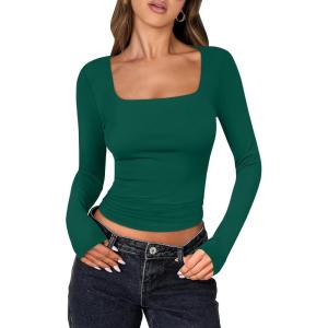 imageANRABESS Women Double Lined Long Sleeve Crop Tops Shirts Square Neck Tight Fitted Going Out TShirt Basic Tee Outfits 2026Forest Green