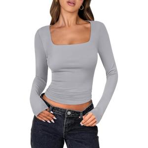 imageANRABESS Women Double Lined Long Sleeve Crop Tops Shirts Square Neck Tight Fitted Going Out TShirt Basic Tee Outfits 2026Grey